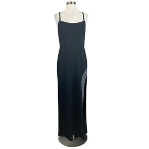 Black Beaded Backless Long Evening Gown Size 10 Nightway Sleeveless Thigh Slit